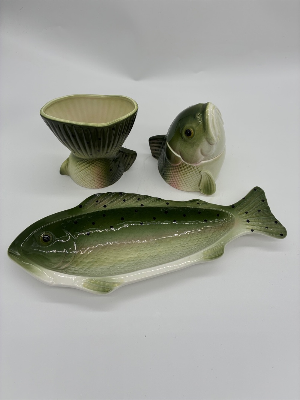 Ceramic Fish Serving Platter and Condiment Set - Green